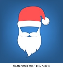 Santa Claus mask with red hat, moustache and white beard. Element of christmas costume. Flat vector illustration