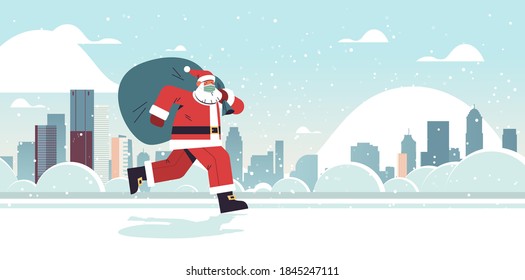 santa claus in mask running with sack full of gifts happy new year merry christmas holidays celebration concept winter cityscape background full length horizontal vector illustration