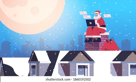 santa claus in mask sitting on roof using laptop happy new year merry christmas holidays celebration concept full length horizontal vector illustration