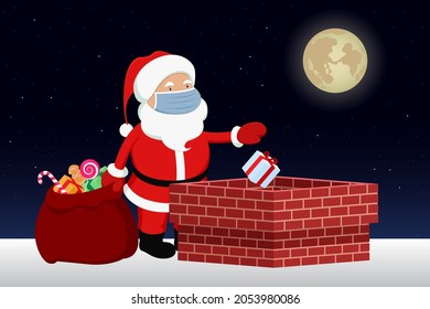 Santa Claus in mask throwing gifts into chimney. Vector illustration.