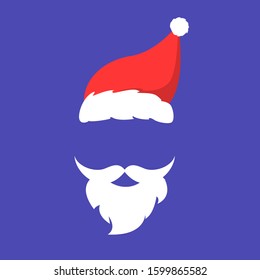 Santa Claus mask vector isolated. Red hat and beard with mustache. Face mask, fun and humor.