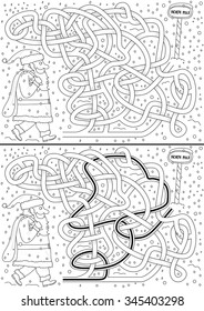 Santa Claus maze for kids with a solution in black and white