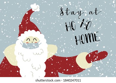 Santa Claus in medical face mask. Christmas and New 2021 Year during coronavirus pandemic. Vector flat cartoon illustration. Perfect for greeting card,  invitation