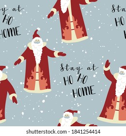 Santa Claus in medical face mask. Christmas and New 2021 Year during coronavirus pandemic. Vector flat cartoon illustration, seamless pattern