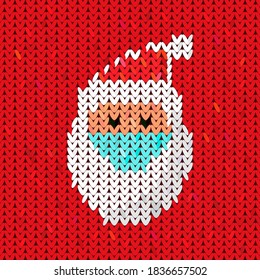 Santa Claus in a medical mask for Christmas healthcare in the style of a knitted sweater. COVID-19 prevention concept. vector illustration