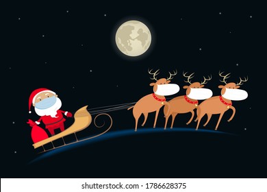 Santa Claus in medical mask flying on reindeer sled. Cartoon style. Vector illustration.