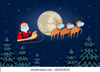 Santa Claus in medical mask flying on reindeer sleigh above forest. Cartoon. Vector illustration.