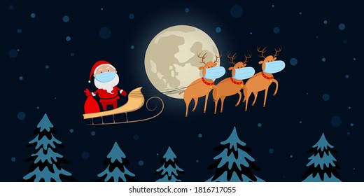 Weihnachtsmann in medizinischer Maske, die auf Rentieren auf Vollmond-Hintergrund geschossen wird. Cartoon. Vektorgrafik.