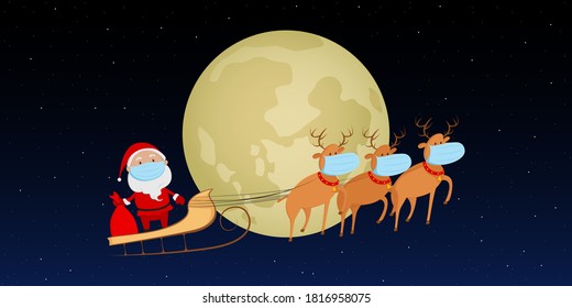 Santa Claus in medical mask flying on reindeer sleigh on moon background. Cartoon. Vector illustration.