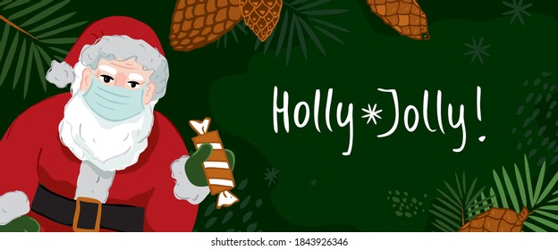 Santa Claus in a medical mask with a gift on Christmas banner template. Holly Jolly Lettering. Concept of a new year's holiday poster during the pandemic. Flat cartoon vector illustration.