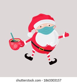 Santa Claus in a medical mask and with a healing drink. Concept of prevention of Covid 19. Stay at home. Cartoon vector illustration.