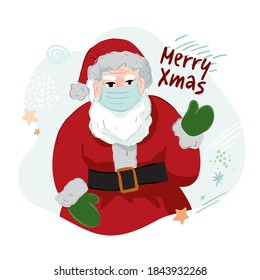 Santa Claus in medical mask with lettering merry xmas on abstract background. New year's poster concept during the pandemic. Vector illustration