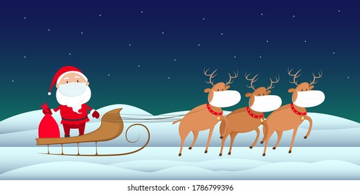 Santa Claus In Medical Mask Riding On Reindeer Sled. Vector Illustration.