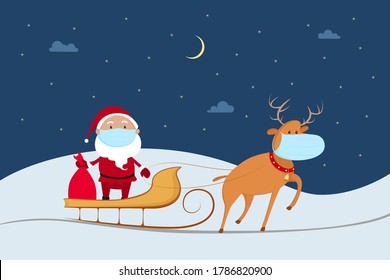 Santa Claus in medical mask riding on reindeer sled. Pandemic 2020 Christmas. Vector illustration.