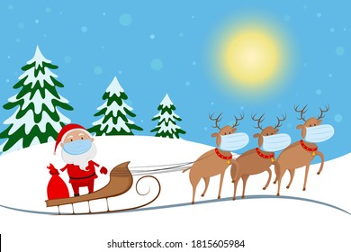 Santa Claus in medical mask riding on reindeer sled. Cartoon. Vector illustration.