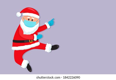 Santa Claus In A Medical Mask And Surgical Gloves. Covid 19 Prevention Concept. Stay Home. Flat Vector Illustration Isolate