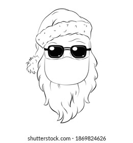 Santa Claus in medical mask. Vector template for banner, poster, advertising, t-shirt design.  Line art vector illustration for Christmas and New Year holiday.