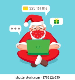 Santa Claus in medical mask wishes remotely Merry Christmas and New Year 2021 during coronavirus quarantine. Sits with laptop at home, checks and writes e-mail on background. Vector flat illustration