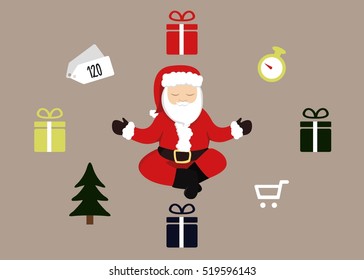Santa Claus in a meditation yoga pose thinking about all the tasks he needs to do to be productive this season