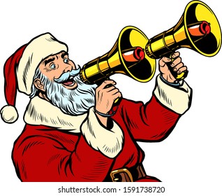 Santa Claus with a megaphone. Christmas sale. Pop art retro vector illustration kitsch vintage drawing