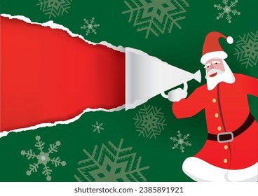 Santa Claus with megaphone, torn paper Christmas Paper Background. 
Cartoon of Santa talking into a paper megaphon. Place for your text or image. Vector available.	