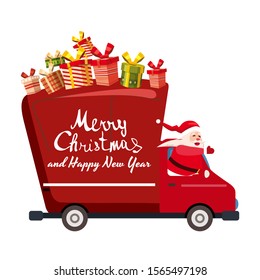 Santa Claus Merry Christmas drives a delivery van. Red delivery truck with gift boxes, side view cartoon style isolated