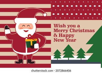 Santa Claus Merry Christmas greeting 2021 vector file, Simple red and green background with christmas tree