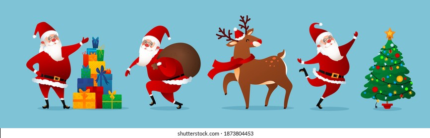 Santa Claus, Merry Christmas and Happy New Year Greeting Vector Characters. Rudolph Deer and Christmas Characters.