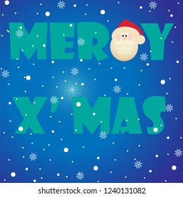 Santa Claus with Merry Christmas Label for Holiday Invitations and Greeting Cards.  Winter Illustration with Snowflakes.
