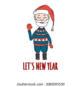Santa Claus with Merry Christmas Label for Holiday Invitations and Greeting Cards. Xmas Poster, Banner, Placard or Card Template. Winter Illustration