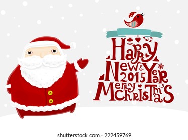 Santa Claus with Merry Christmas Label for Holiday Invitations and Greeting Cards. Xmas Poster, Banner, Placard or Card Template. Winter Illustration with Snowflakes,