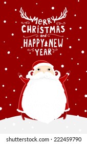 Santa Claus with Merry Christmas Label for Holiday Invitations and Greeting Cards. Xmas Poster, Banner, Placard or Card Template. Winter Illustration with Snowflakes,