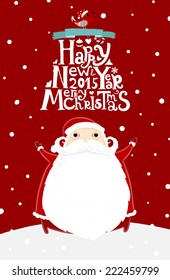 Santa Claus with Merry Christmas Label for Holiday Invitations and Greeting Cards. Xmas Poster, Banner, Placard or Card Template. Winter Illustration with Snowflakes,