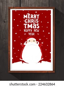 Santa Claus with Merry Christmas Label for Holiday Invitations and Greeting Cards. Xmas Poster, Banner, Placard or Card Template. Winter Illustration with Snowflakes
