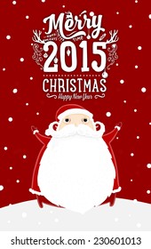 Santa Claus with Merry Christmas Label for Holiday Invitations and Greeting Cards. Xmas Poster, Banner, Placard or Card Template. Winter Illustration with Snowflakes