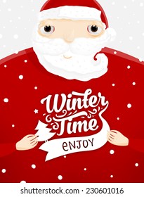 Santa Claus with Merry Christmas Label for Holiday Invitations and Greeting Cards. Xmas Poster, Banner, Placard or Card Template. Winter Illustration with Snowflakes