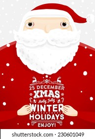 Santa Claus with Merry Christmas Label for Holiday Invitations and Greeting Cards. Xmas Poster, Banner, Placard or Card Template. Winter Illustration with Snowflakes