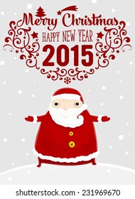 Santa Claus with Merry Christmas Label for Holiday Invitations and Greeting Cards. Xmas Poster, Banner, Placard or Card Template. Winter Illustration with Snowflakes
