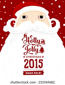 Santa Claus with Merry Christmas Label for Holiday Invitations and Greeting Cards. Xmas Poster, Banner, Placard or Card Template. Winter Illustration with Snowflakes