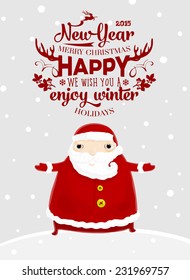 Santa Claus with Merry Christmas Label for Holiday Invitations and Greeting Cards. Xmas Poster, Banner, Placard or Card Template. Winter Illustration with Snowflakes