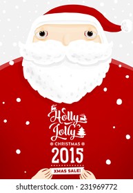 Santa Claus with Merry Christmas Label for Holiday Invitations and Greeting Cards. Xmas Poster, Banner, Placard or Card Template. Winter Illustration with Snowflakes
