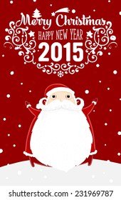 Santa Claus with Merry Christmas Label for Holiday Invitations and Greeting Cards. Xmas Poster, Banner, Placard or Card Template. Winter Illustration with Snowflakes