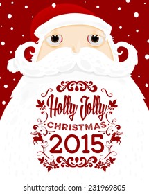 Santa Claus with Merry Christmas Label for Holiday Invitations and Greeting Cards. Xmas Poster, Banner, Placard or Card Template. Winter Illustration with Snowflakes