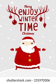Santa Claus with Merry Christmas Label for Holiday Invitations and Greeting Cards. Xmas Poster, Banner, Placard or Card Template. Winter Illustration with Snowflakes