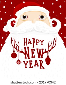 Santa Claus with Merry Christmas Label for Holiday Invitations and Greeting Cards. Xmas Poster, Banner, Placard or Card Template. Winter Illustration with Snowflakes
