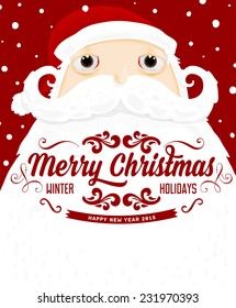 Santa Claus with Merry Christmas Label for Holiday Invitations and Greeting Cards. Xmas Poster, Banner, Placard or Card Template. Winter Illustration with Snowflakes