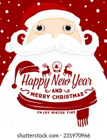 Santa Claus with Merry Christmas Label for Holiday Invitations and Greeting Cards. Xmas Poster, Banner, Placard or Card Template. Winter Illustration with Snowflakes