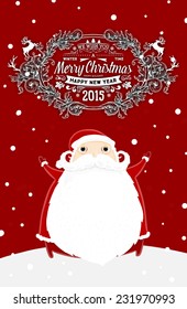 Santa Claus with Merry Christmas Label for Holiday Invitations and Greeting Cards. Xmas Poster, Banner, Placard or Card Template. Winter Illustration with Snowflakes