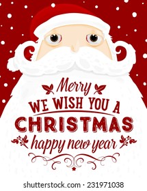 Santa Claus with Merry Christmas Label for Holiday Invitations and Greeting Cards. Xmas Poster, Banner, Placard or Card Template. Winter Illustration with Snowflakes