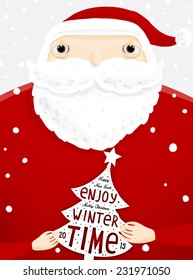 Santa Claus with Merry Christmas Label for Holiday Invitations and Greeting Cards. Xmas Poster, Banner, Placard or Card Template. Winter Illustration with Snowflakes